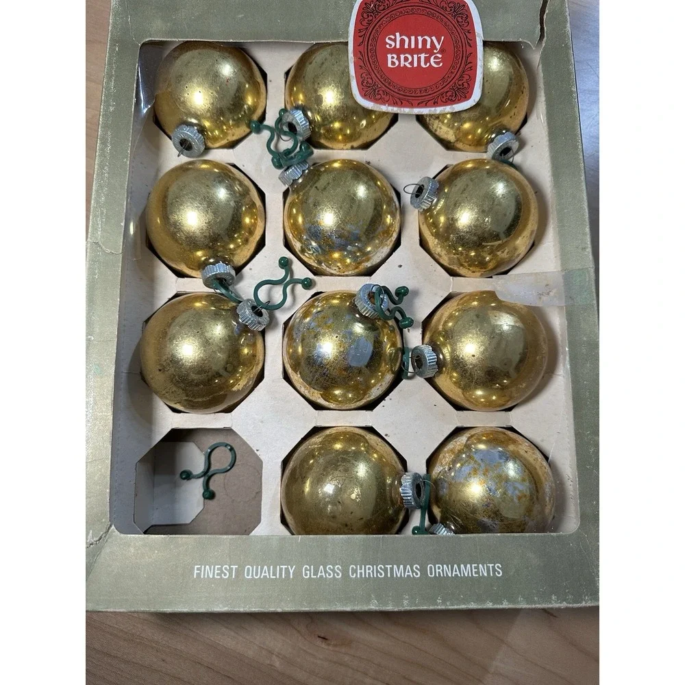 11 Shiny Brite Christmas Large Ornaments W Box Vintage USA Gold FAST SHIP